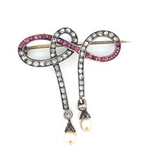 Silver & Gold Victorian Diamond Ruby Diamond Pearl Brooch