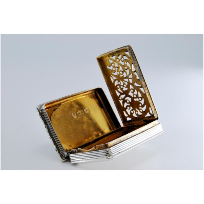 Silver-gold vinaigrette box with friezes and relief lid, George IV period im Zustand „Gut“ im Angebot in Porto, PT