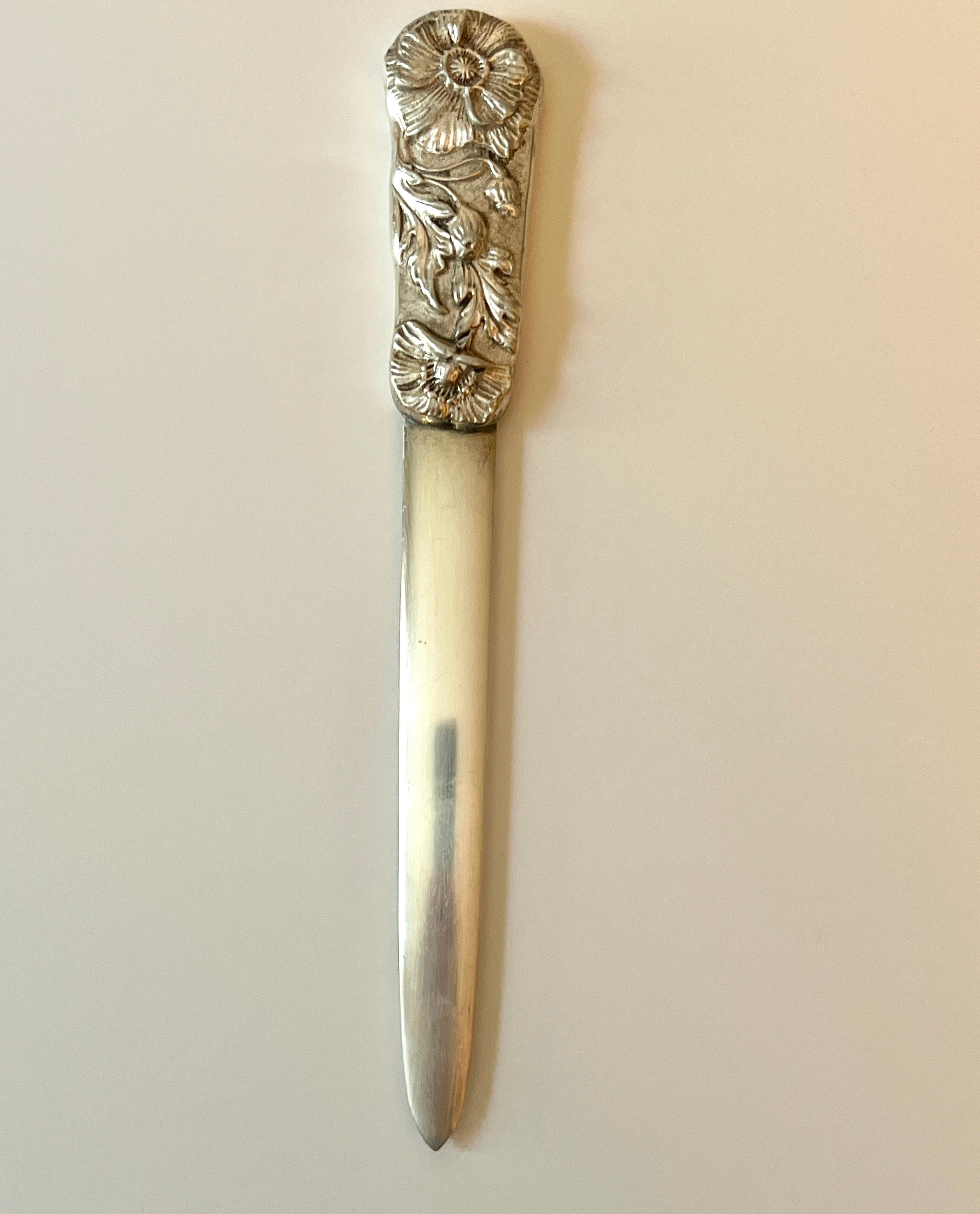 Hand-Crafted Silver Gorham Letter Opener with  Repoussé Flower and Vine Detailing