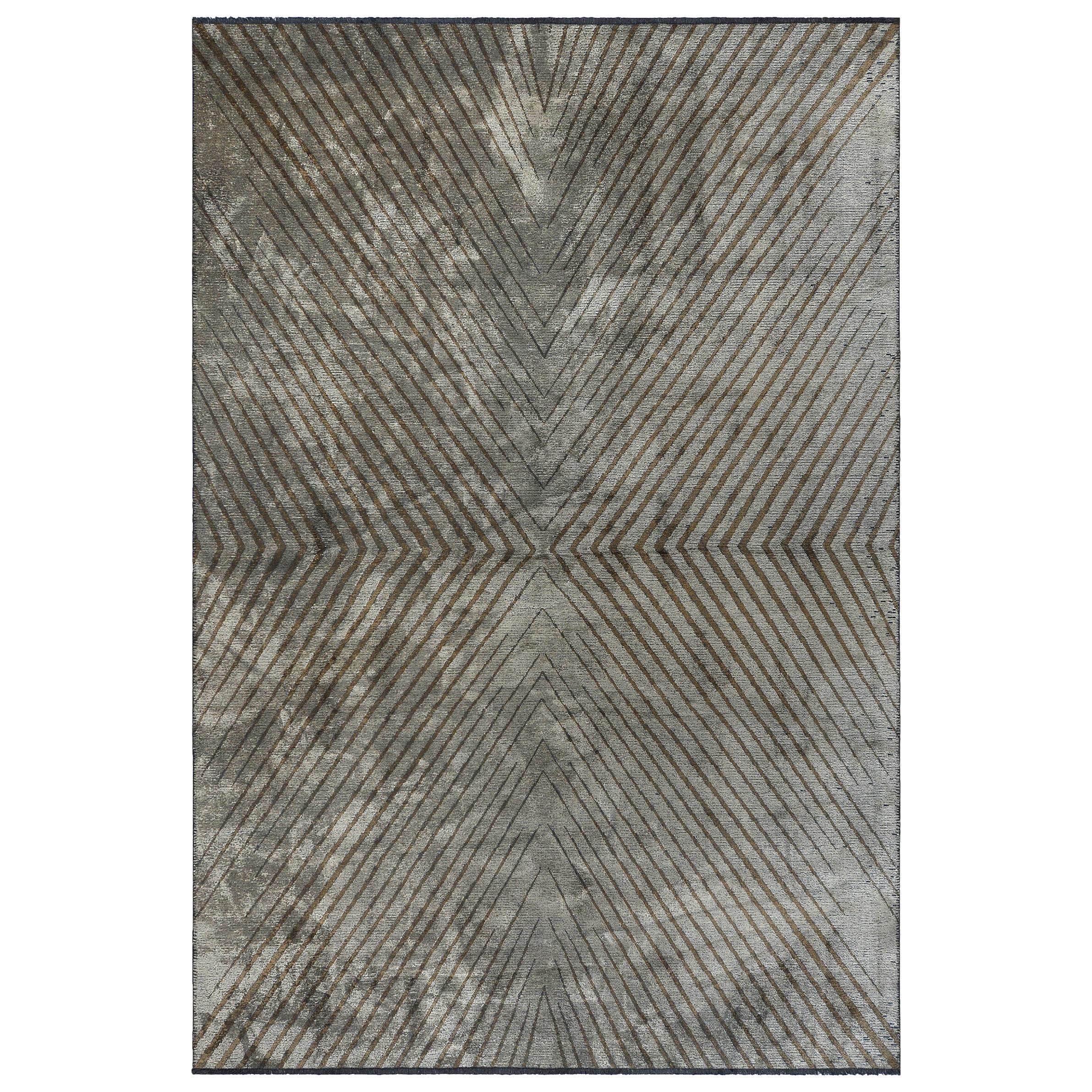 Silber Silbergrauer und brauner zeitgenössischer Teppich mit Chevron-Muster und weichem Semi-Plüsch