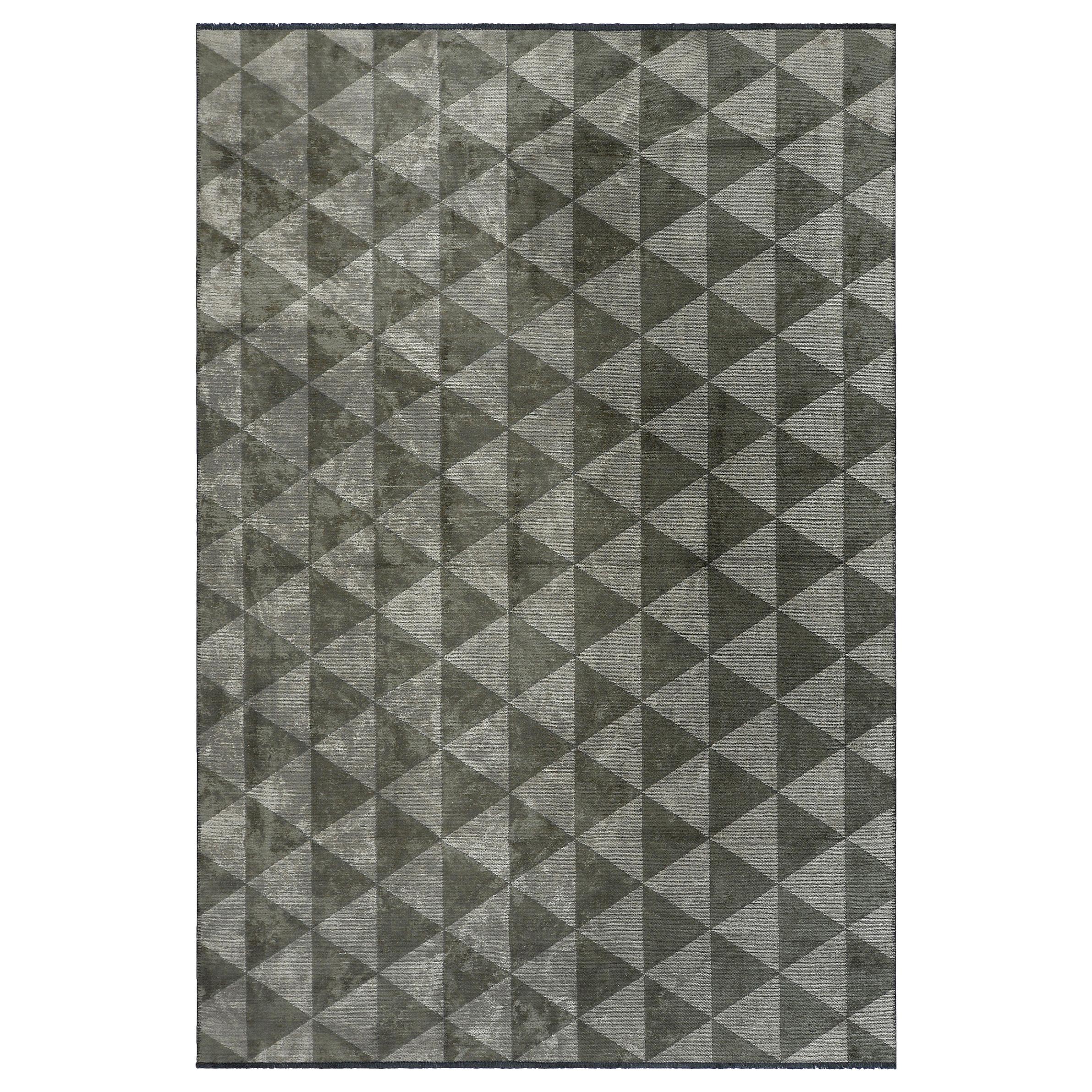 Silver Gray and Khaki Brown Triangle Diamond Geometric Pattern Rug with Shine For Sale 5