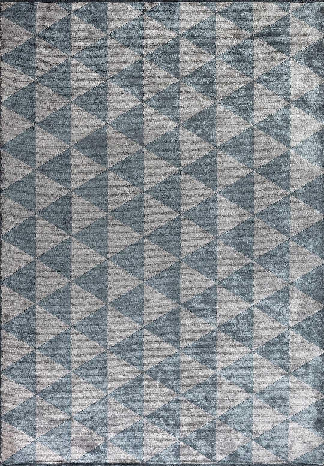 Silver Gray and Light Blue and Triangle Diamond Geometric Pattern Rug with Shine For Sale 8