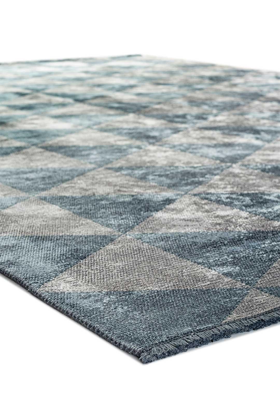 Machine-Made Silver Gray and Light Blue and Triangle Diamond Geometric Pattern Rug with Shine For Sale
