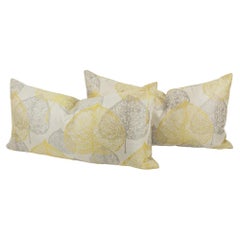Silver Gray and Yellow Damask Floral Throw Pillows, a pair