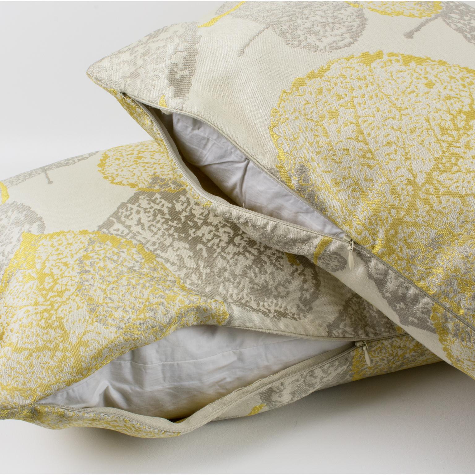 Modern Silver Gray and Yellow Damask Throw Pillows, a pair For Sale
