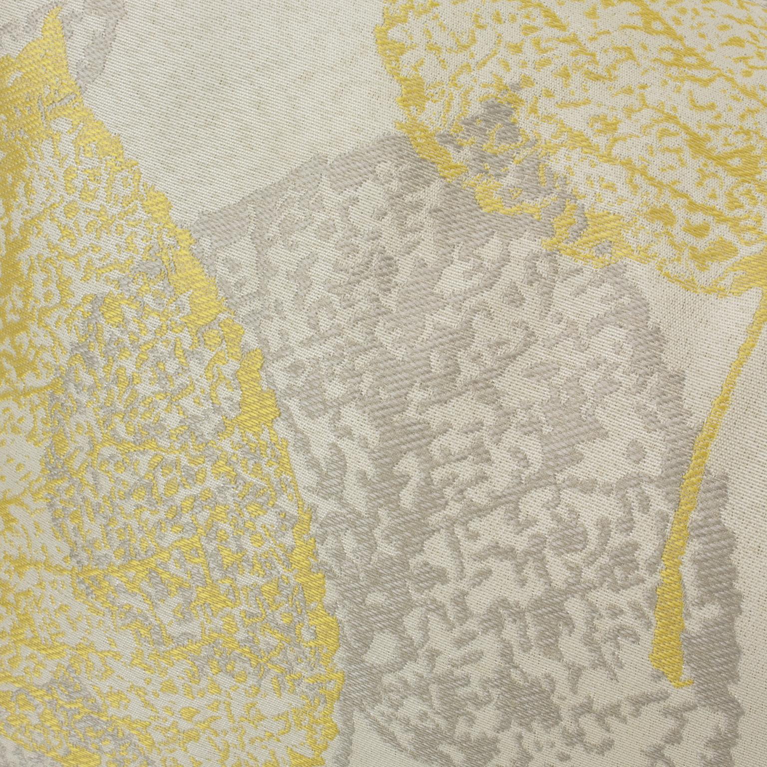 Contemporary Silver Gray and Yellow Damask Throw Pillows, a pair For Sale