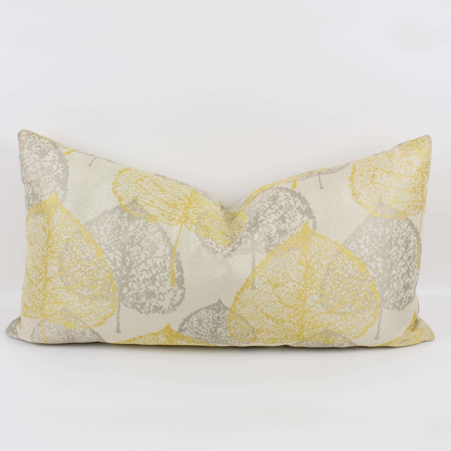 Polyester Silver Gray and Yellow Damask Throw Pillows, a pair For Sale