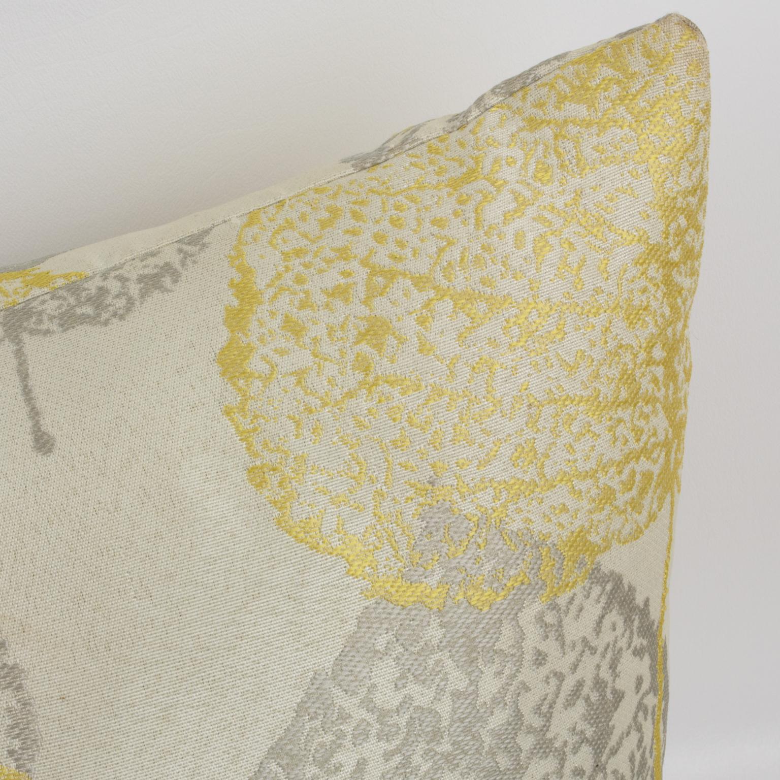 Silver Gray and Yellow Damask Throw Pillows, a pair For Sale 1