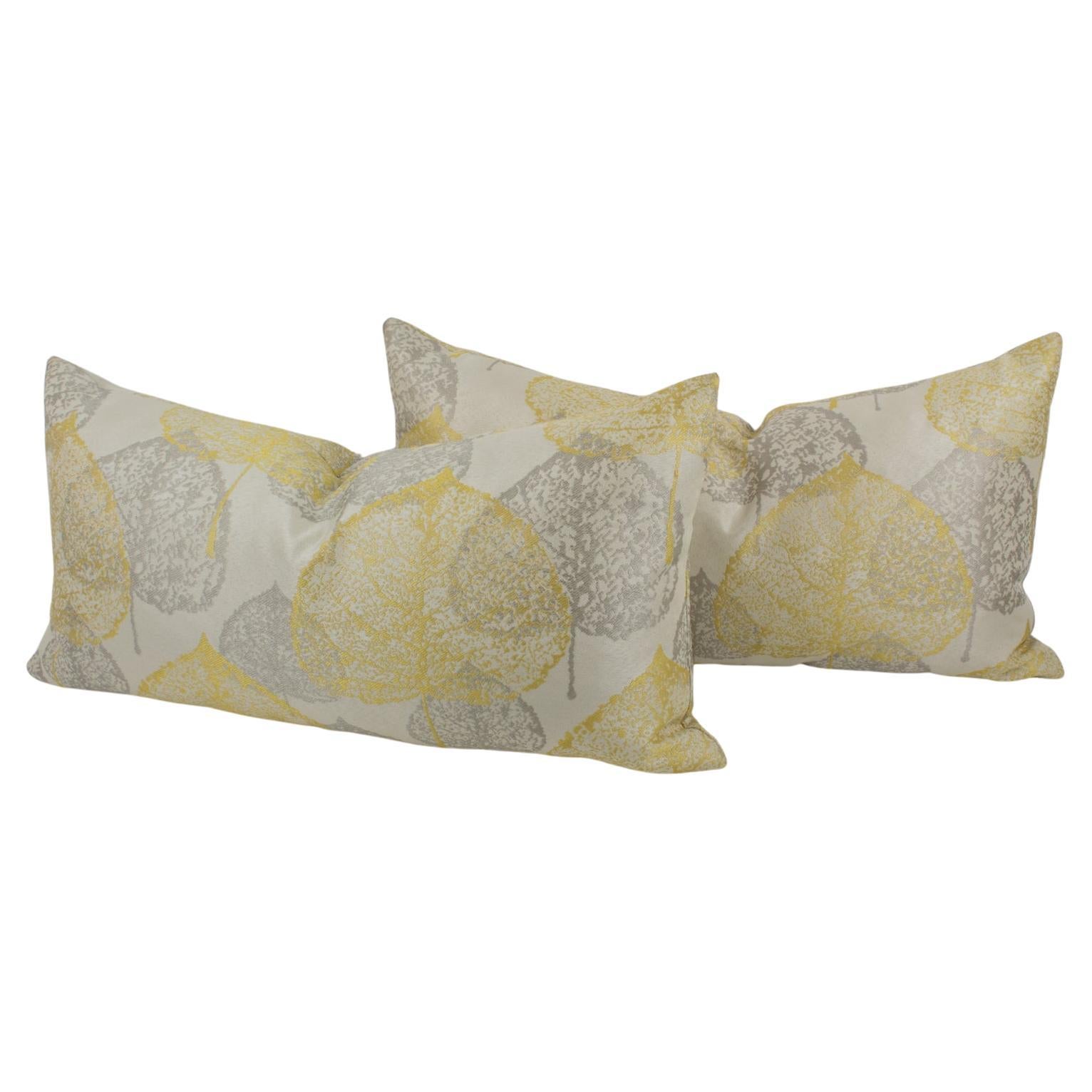 Silver Gray and Yellow Damask Throw Pillows, a pair For Sale