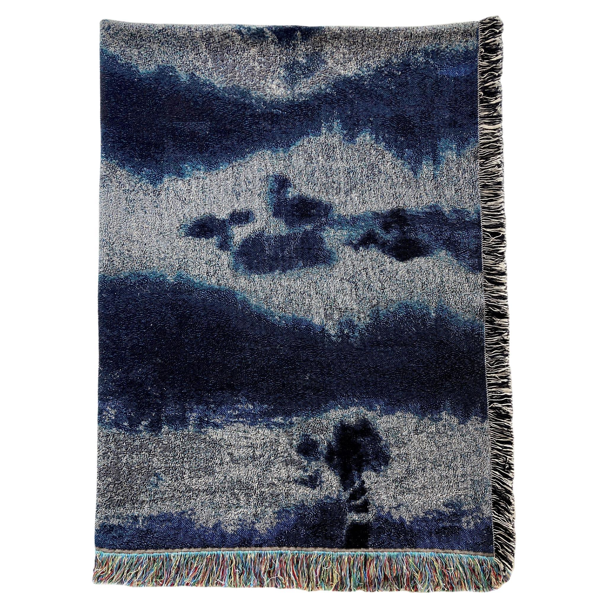 A Silver Gray & Indigo Blue Pleat Abstract Pattern Fringed Throw Blanket, 54 x 72