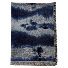 A Silver Gray & Indigo Blue Pleat Abstract Pattern Fringed Throw Blanket, 54 x 72