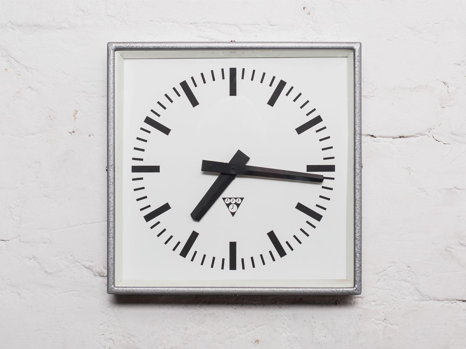 Czech Silver-Gray Industrial Square Wall Clock by Pragotron, 1970s For Sale