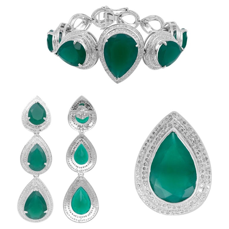 Silver Pear Green Onyx Gemstone Ring Earrings Bracelet Handmade Jewelry