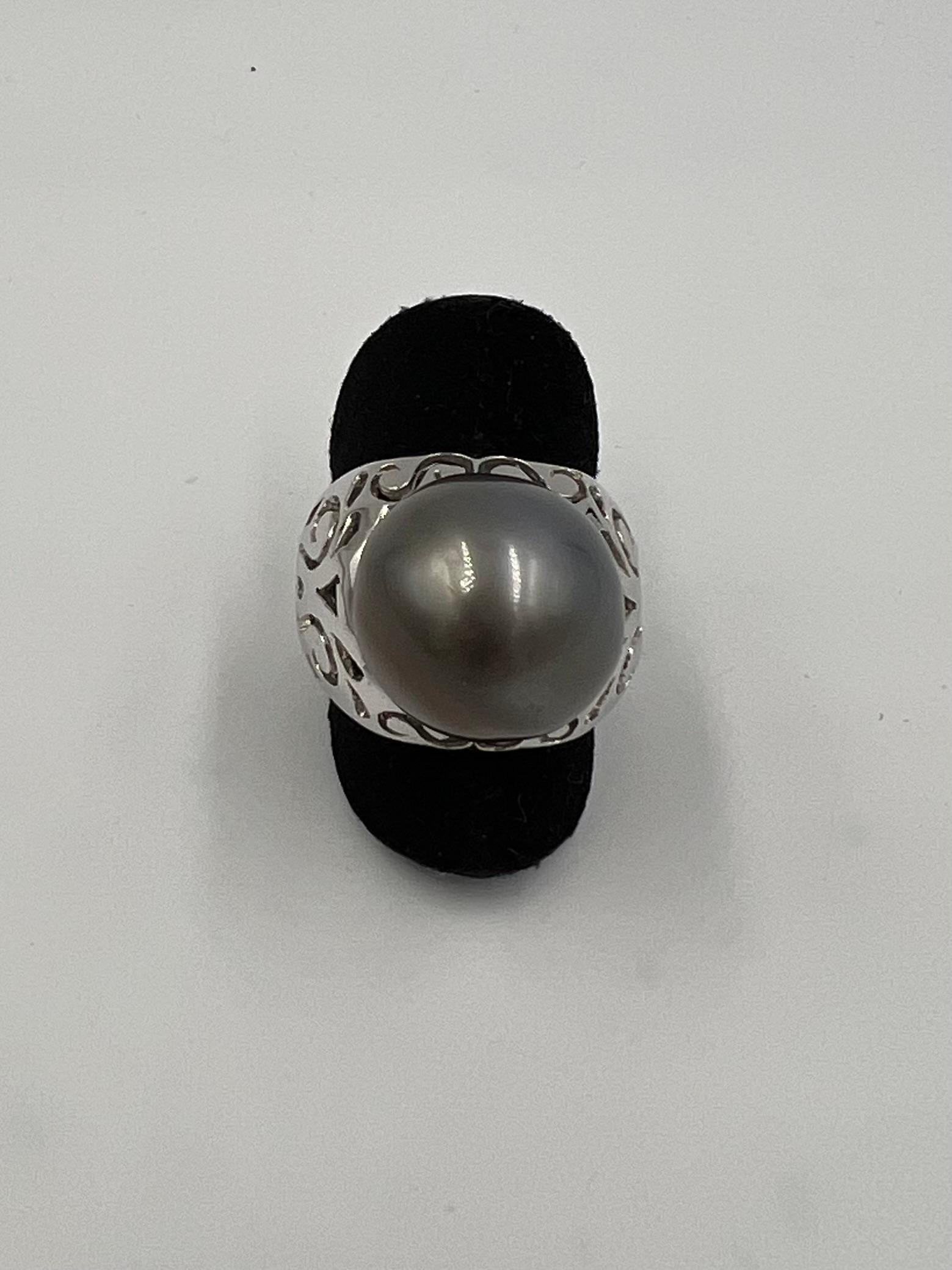 da uomo o donna Anello con perla tahitiana grigio argento da 15,75 mm in oro bianco in vendita