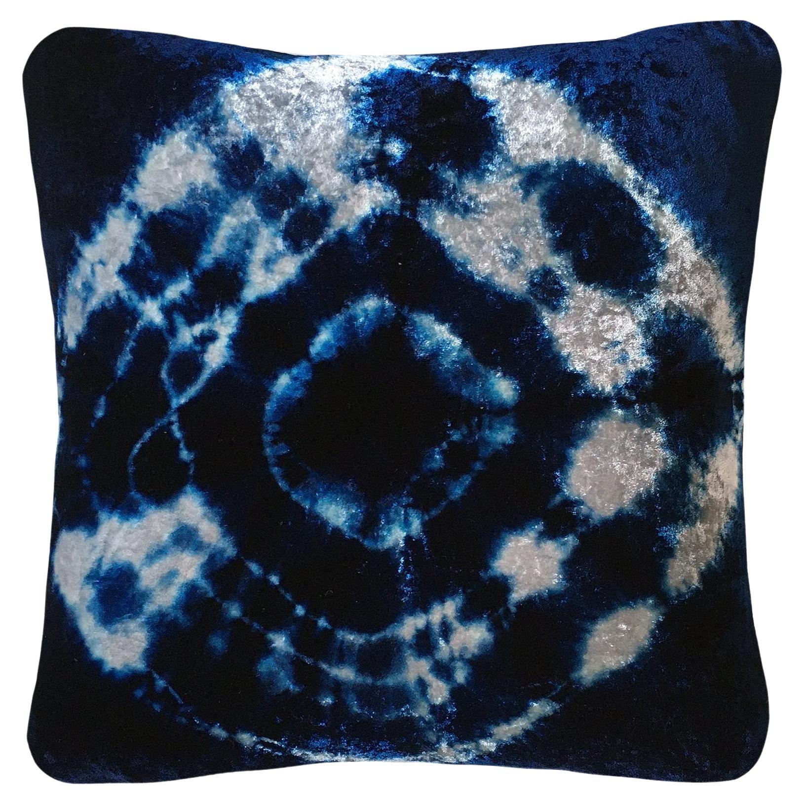 Hand Dyed Silk Velvet Pillow, Silver Gray & Indigo Blue Halo For Sale