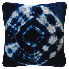 Hand-dyed Velvet Throw Pillow in Silver Grey & Indigo Blue Halo Pattern