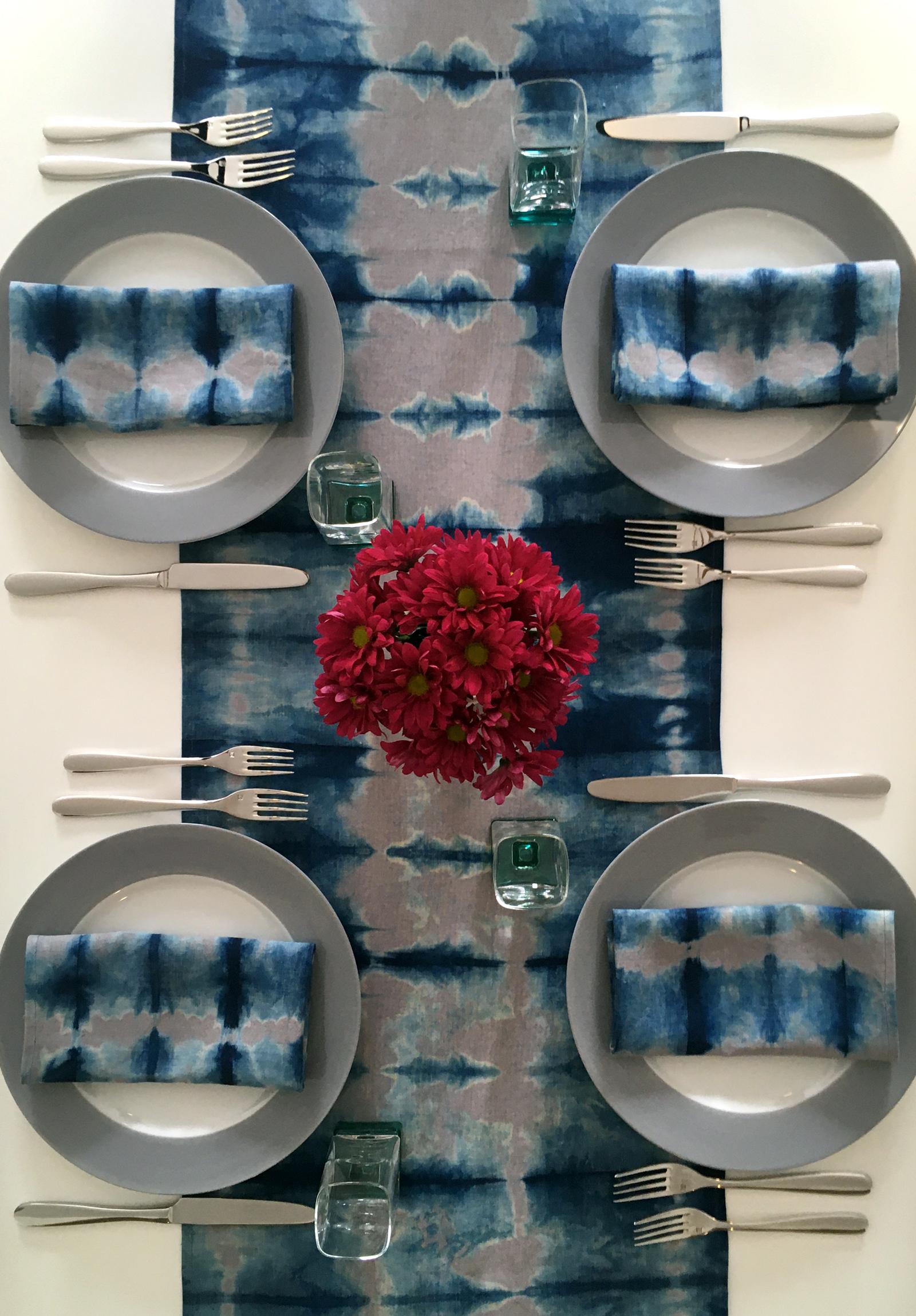 Modern Hand Dyed Linen Table Runner, Silver Gray & Indigo Blue