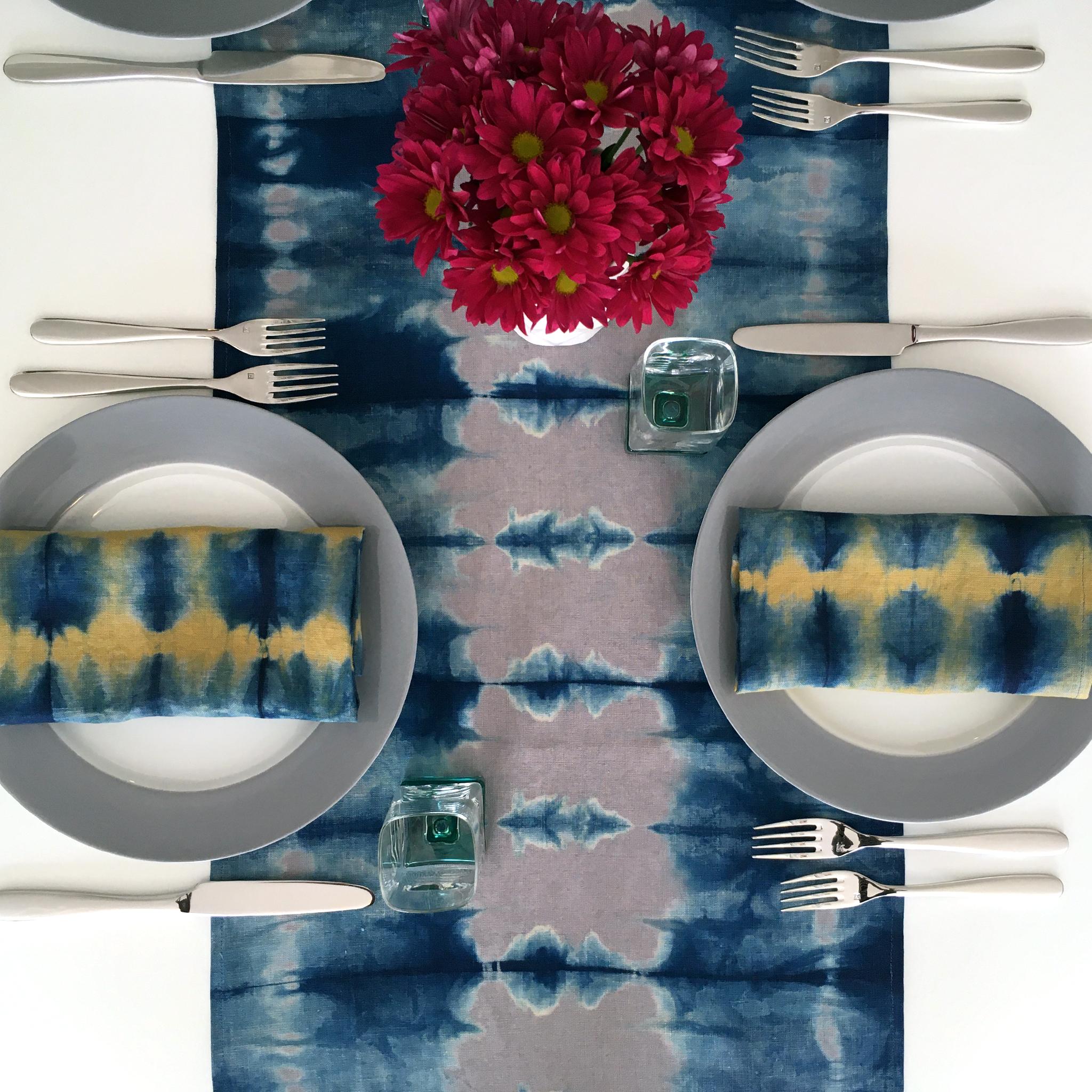 American Hand Dyed Linen Table Runner, Silver Gray & Indigo Blue
