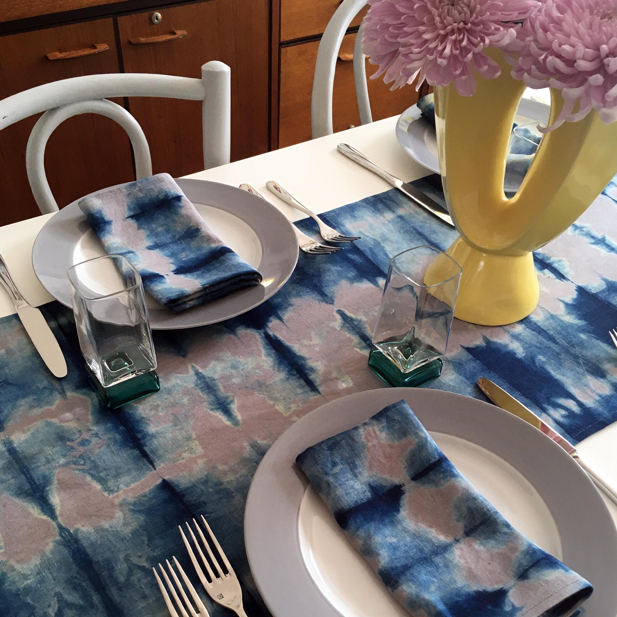 Hand Dyed Linen Table Runner, Silver Gray & Indigo Blue In New Condition In New York, NY