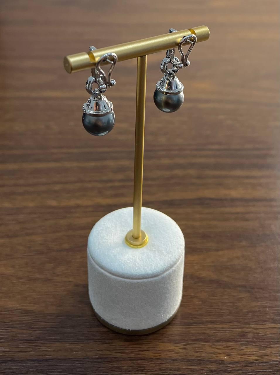 Silver Grey Black Tahitian Pearl Diamond 14K White Gold Drop Earrings For Sale 5