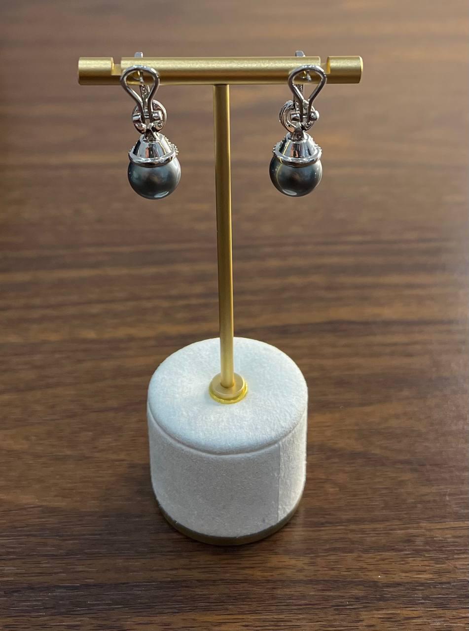Silver Grey Black Tahitian Pearl Diamond 14K White Gold Drop Earrings For Sale 6