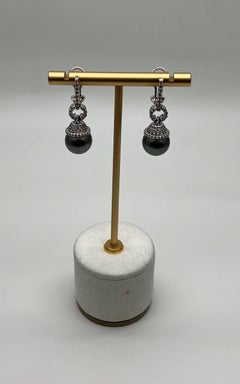 Silver Grey Black Tahitian Pearl Diamond 14K White Gold Drop Earrings