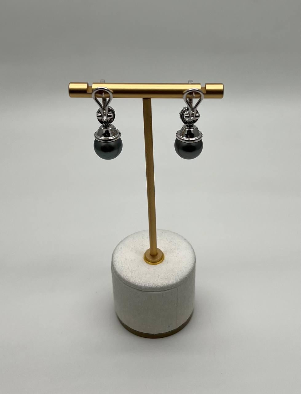 Mixed Cut Silver Grey Black Tahitian Pearl Diamond 14K White Gold Drop Earrings For Sale
