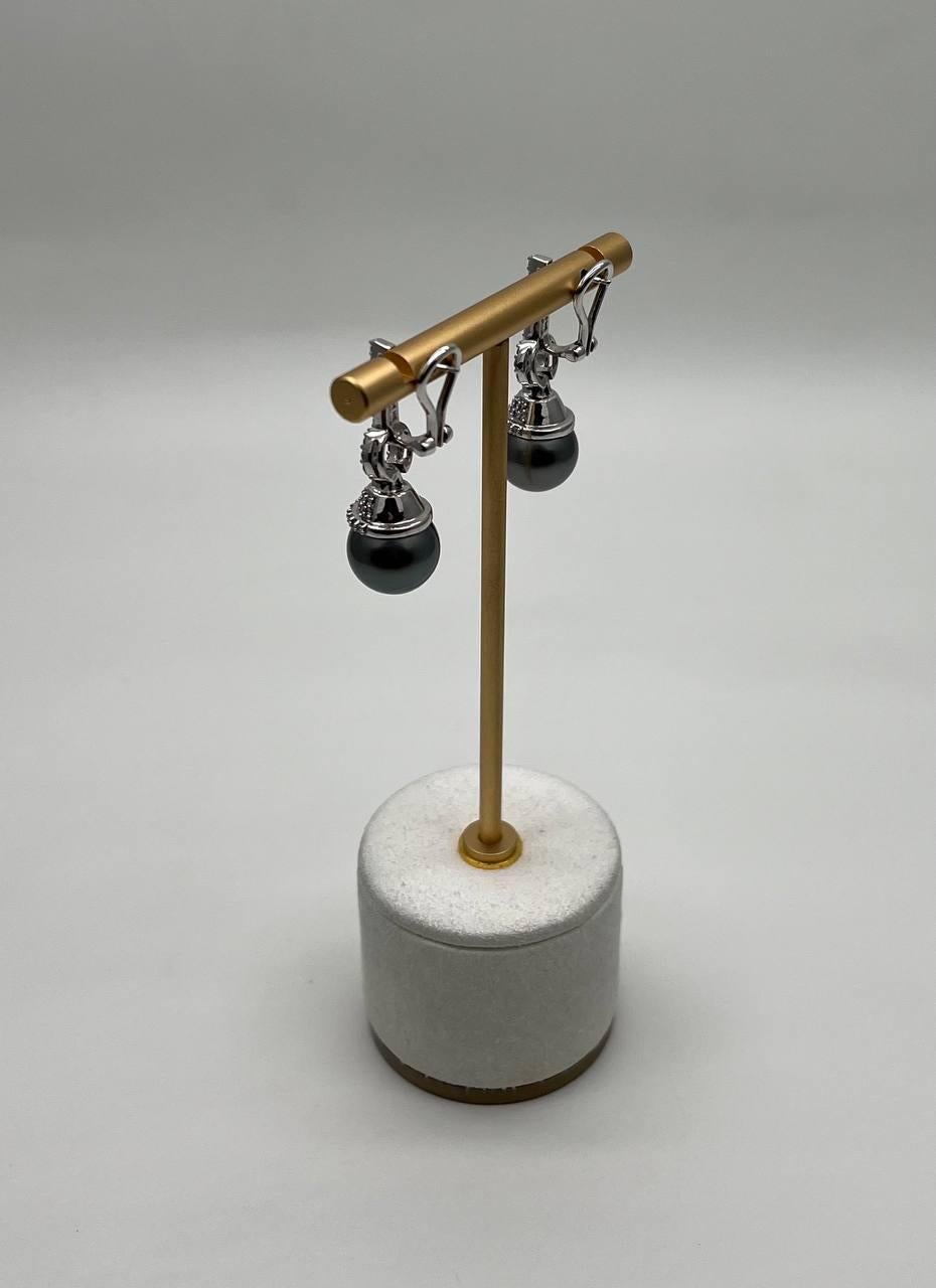 Women's Silver Grey Black Tahitian Pearl Diamond 14K White Gold Drop Earrings For Sale