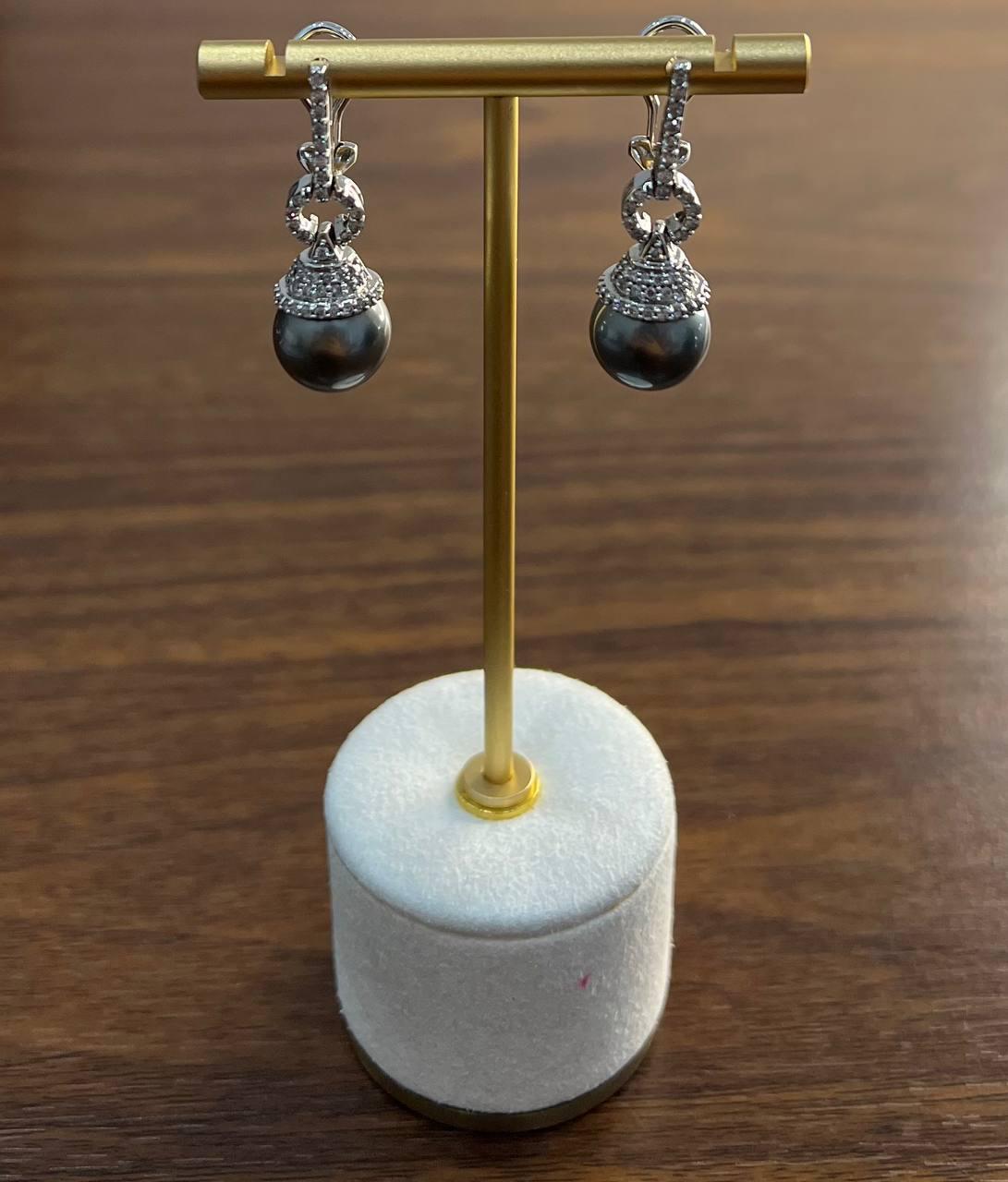 Silver Grey Black Tahitian Pearl Diamond 14K White Gold Drop Earrings For Sale 1