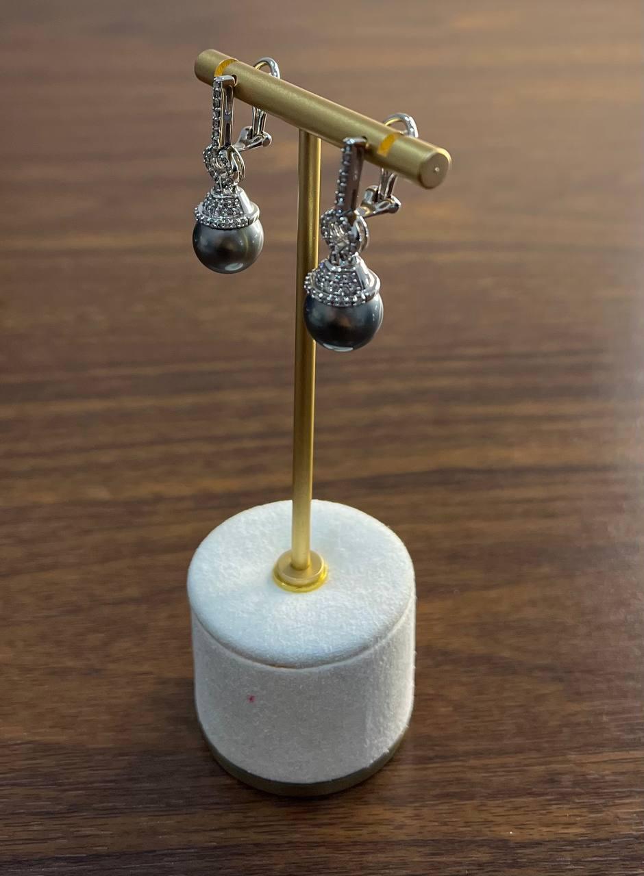 Silver Grey Black Tahitian Pearl Diamond 14K White Gold Drop Earrings For Sale 2