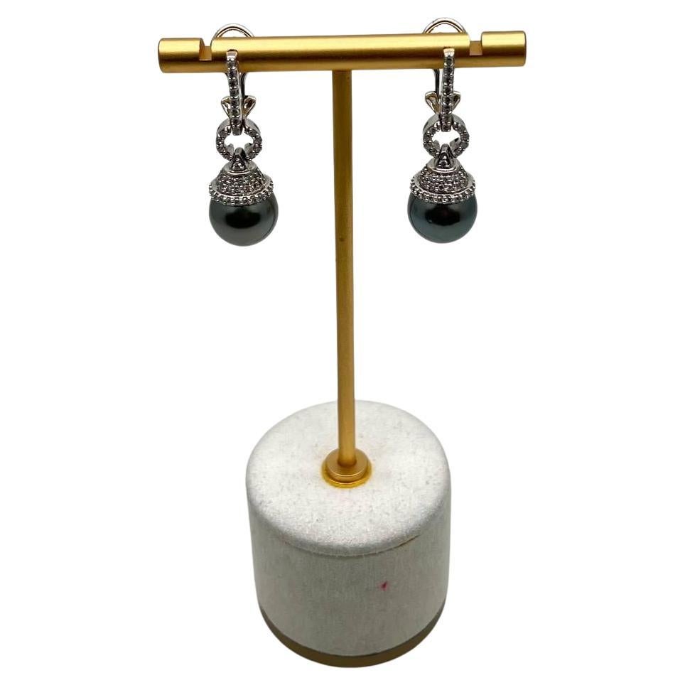 Silver Grey Black Tahitian Pearl Diamond 14K White Gold Drop Earrings