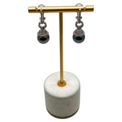 Silver Grey Black Tahitian Pearl Diamond 14K White Gold Drop Earrings