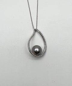 Silver Grey Black Tahitian Pearl Diamond 14K White Gold Form Pendant Necklace