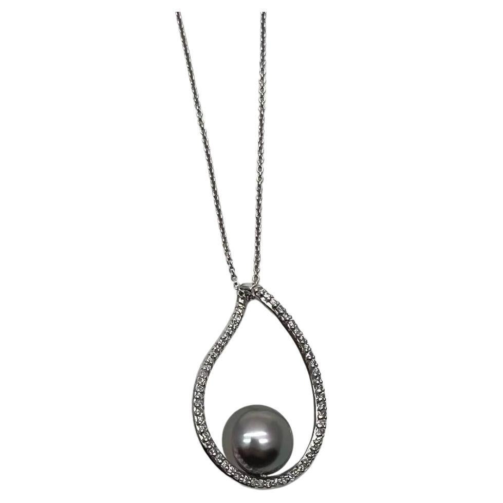 Silver Grey Black Tahitian Pearl Diamond 14K White Gold Form Pendant Necklace