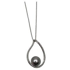 Silver Grey Black Tahitian Pearl Diamond 14K White Gold Form Pendant Necklace