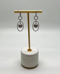 Silver Grey Black Tahitian Pearl Diamonds 14K White Gold Drop Dangle Earrings