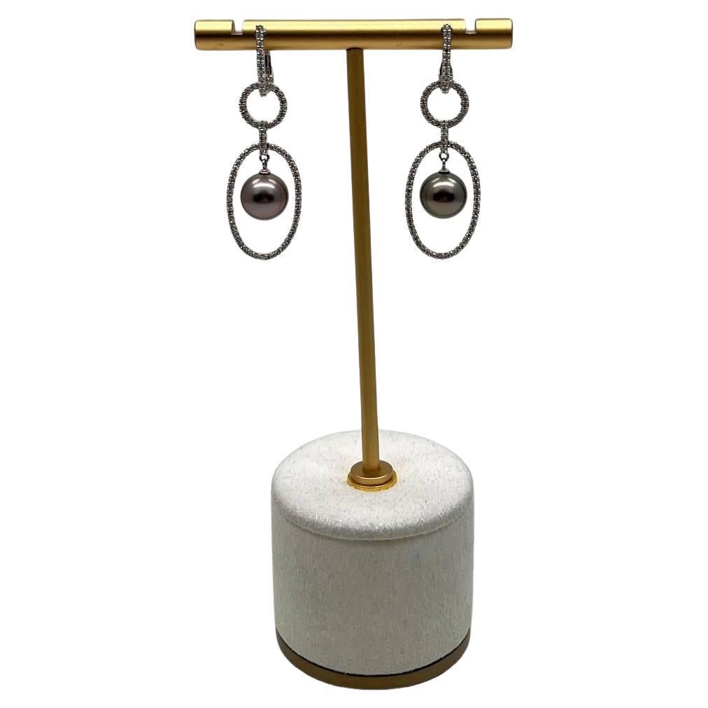 Silver Grey Black Tahitian Pearl Diamonds 14K White Gold Drop Dangle Earrings For Sale