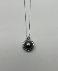 Silver Grey Black Tahitian Pearl Diamonds Halo 14K White Gold Pendant Necklace