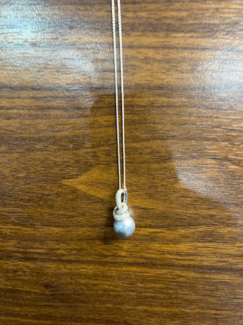 Women's Silver Grey Black Tahitian Pearl Diamonds Halo 14K White Gold Pendant Necklace For Sale