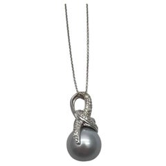 Silber Grau Schwarz Tahiti Perle Diamanten Halo 14K Weißgold Anhänger Halskette