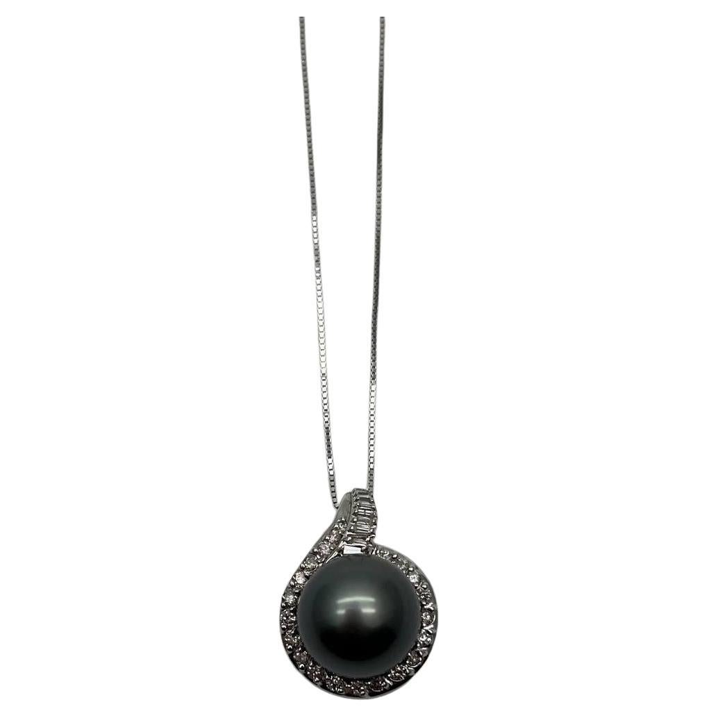 Silver Grey Black Tahitian Pearl Diamonds Halo 14K White Gold Pendant Necklace