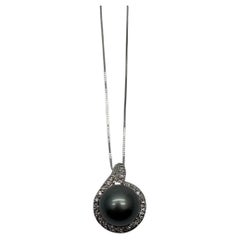 Silber Grau Schwarz Tahiti Perle Diamanten Halo 14K Weißgold Anhänger Halskette