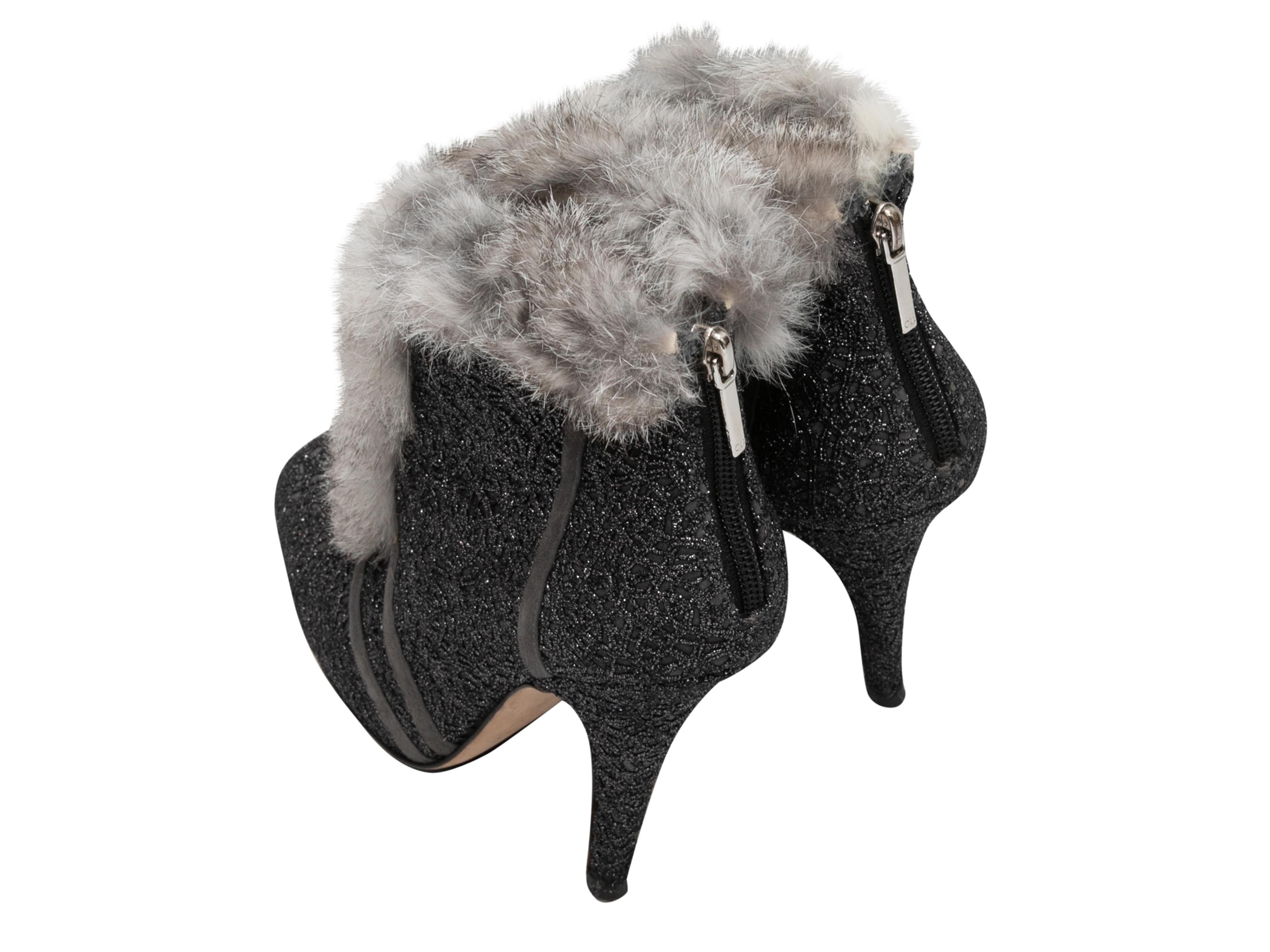 Silver & Grey Christian Dior Fur-Trimmed Heeled Booties Size 38.5 In Good Condition For Sale In New York, NY