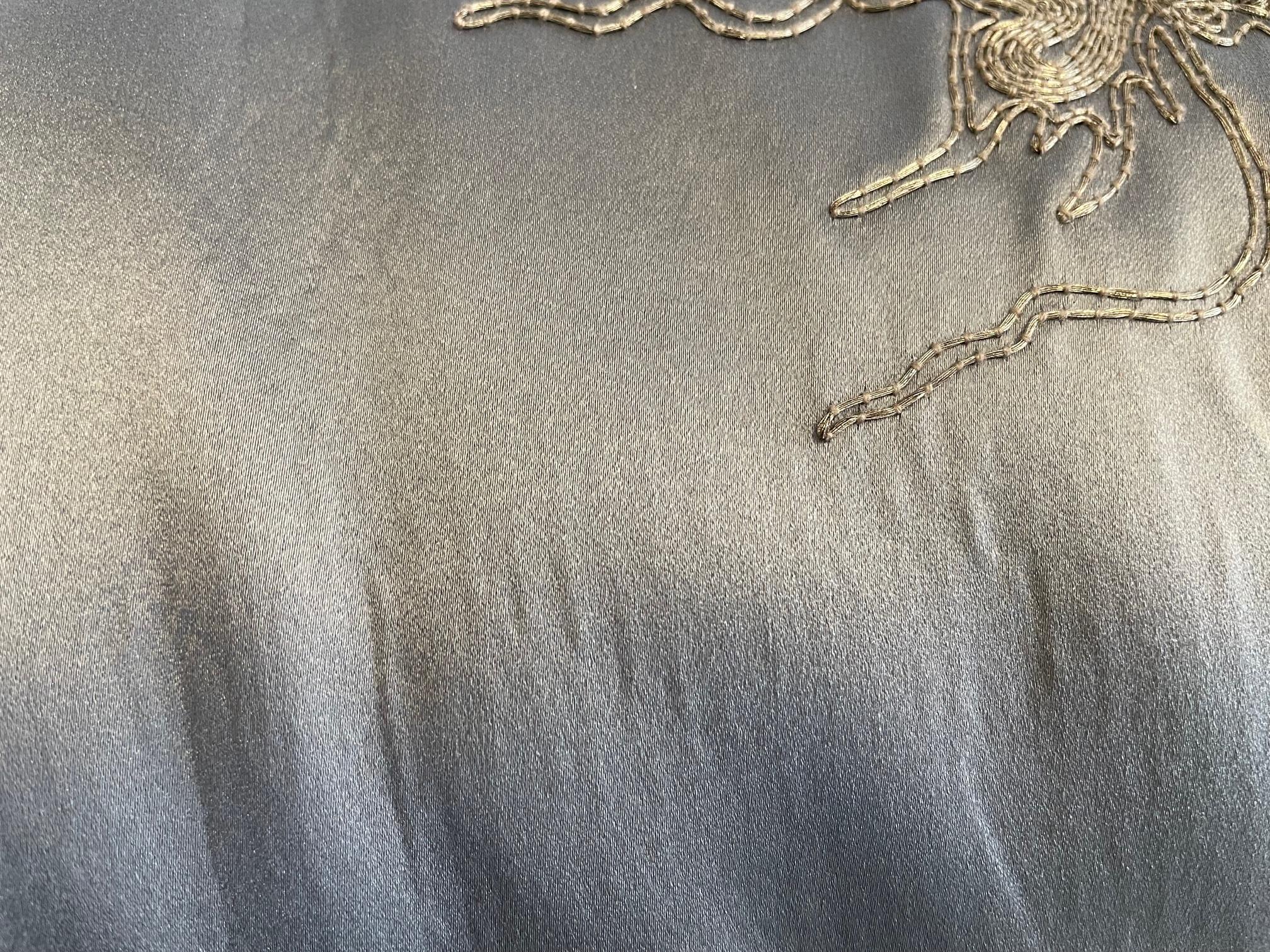 Chinoiserie SIlver Grey Silk Satin Cushion Dragon Hand Embroidery Silver Thread For Sale