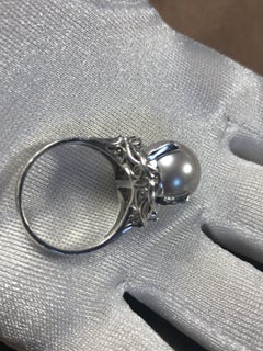 Large Tahitian Silver Grey Pearl Diamond Platinum Vintage Ring