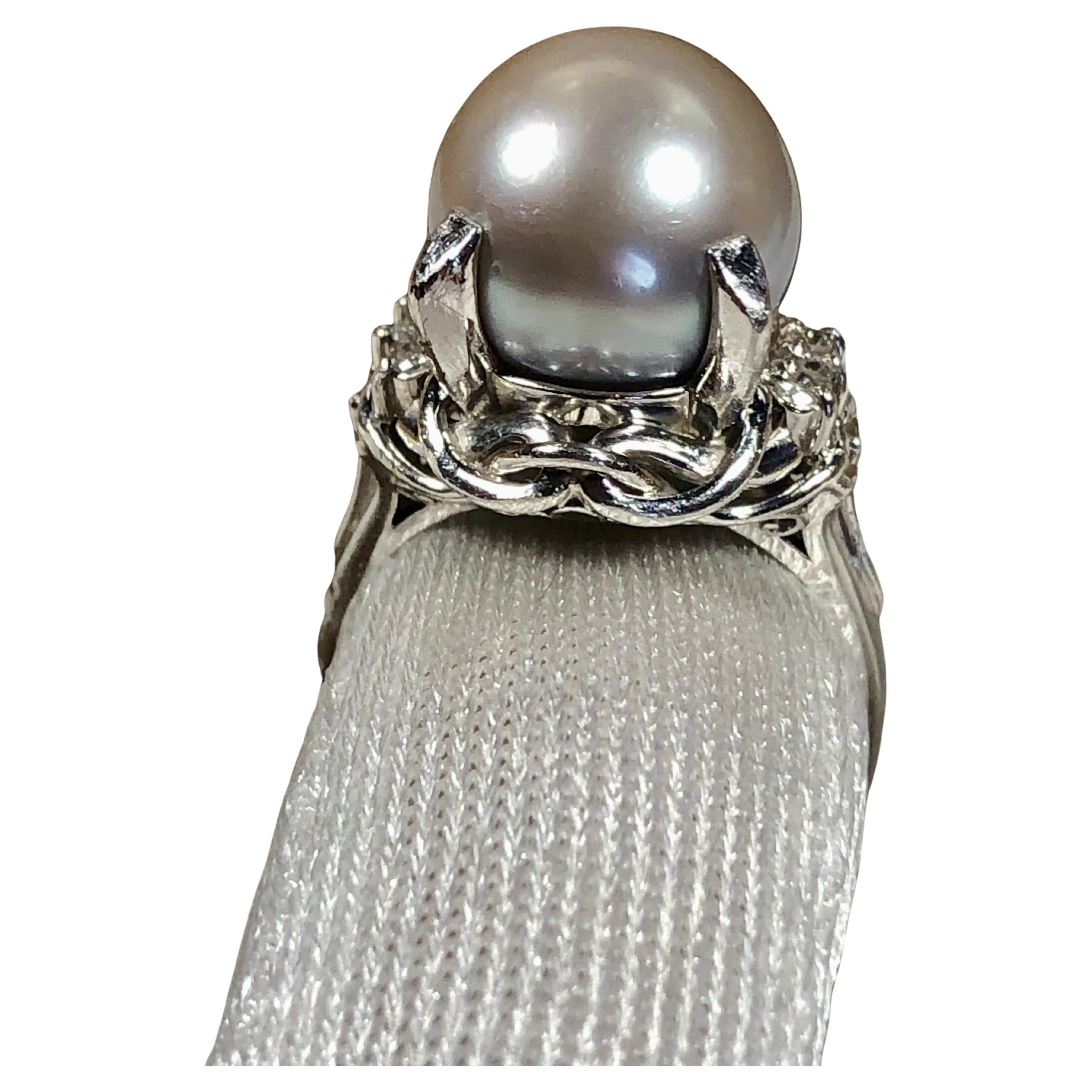 Silberner Grauer Tahiti-Perlen-Diamant-Platin-Ring (Ungeschliffen) im Angebot