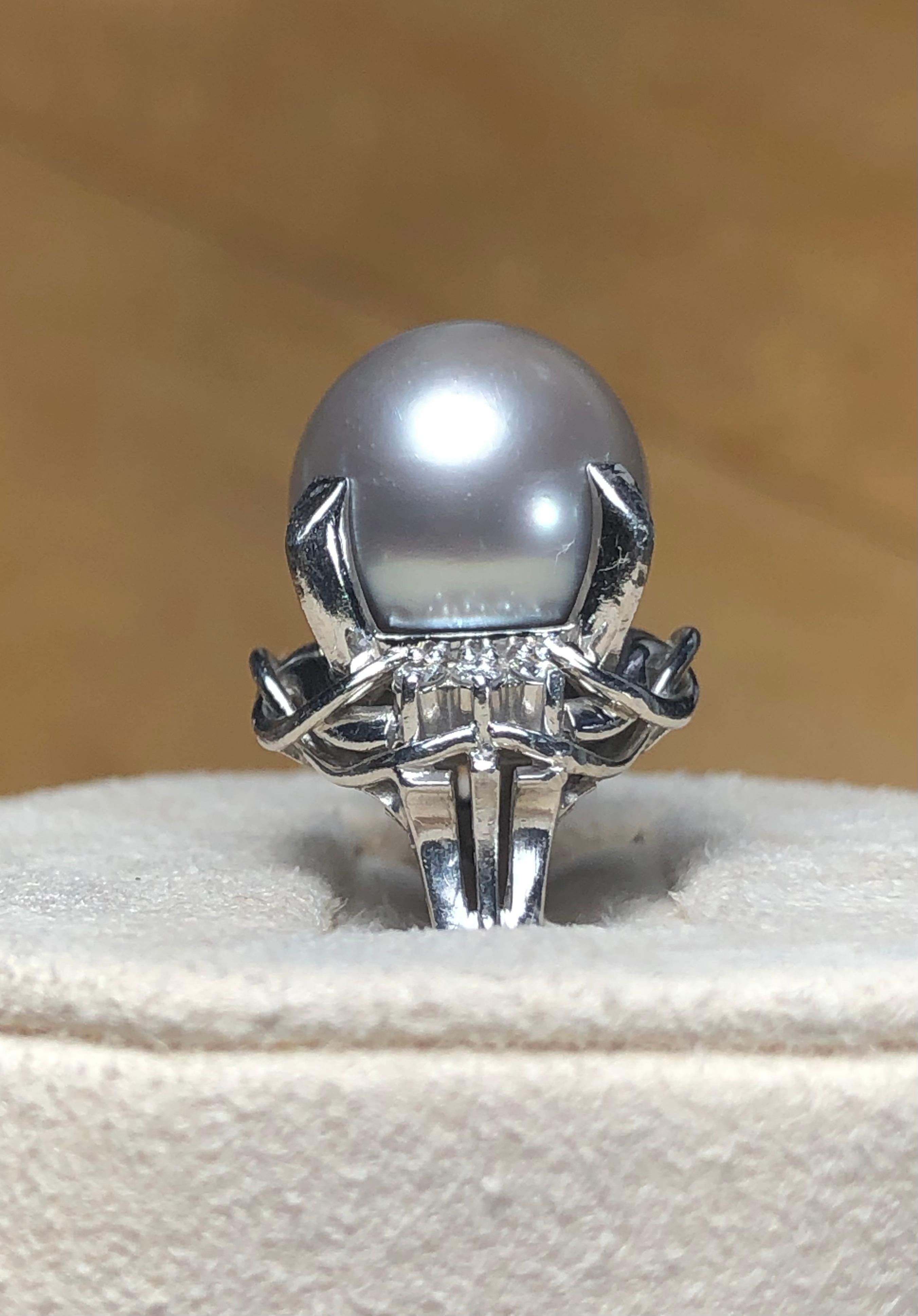 Silberner Grauer Tahiti-Perlen-Diamant-Platin-Ring im Angebot 2