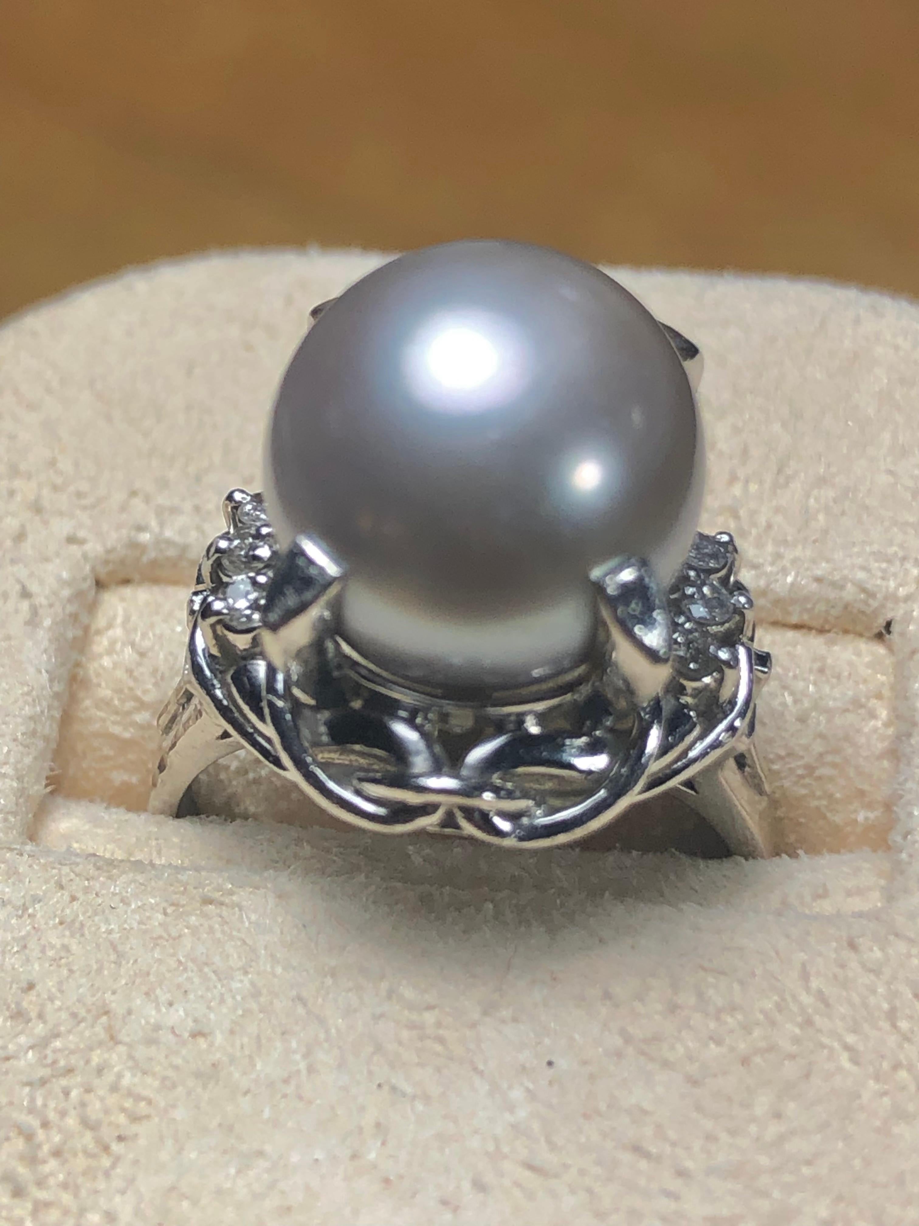 Silberner Grauer Tahiti-Perlen-Diamant-Platin-Ring im Angebot 4