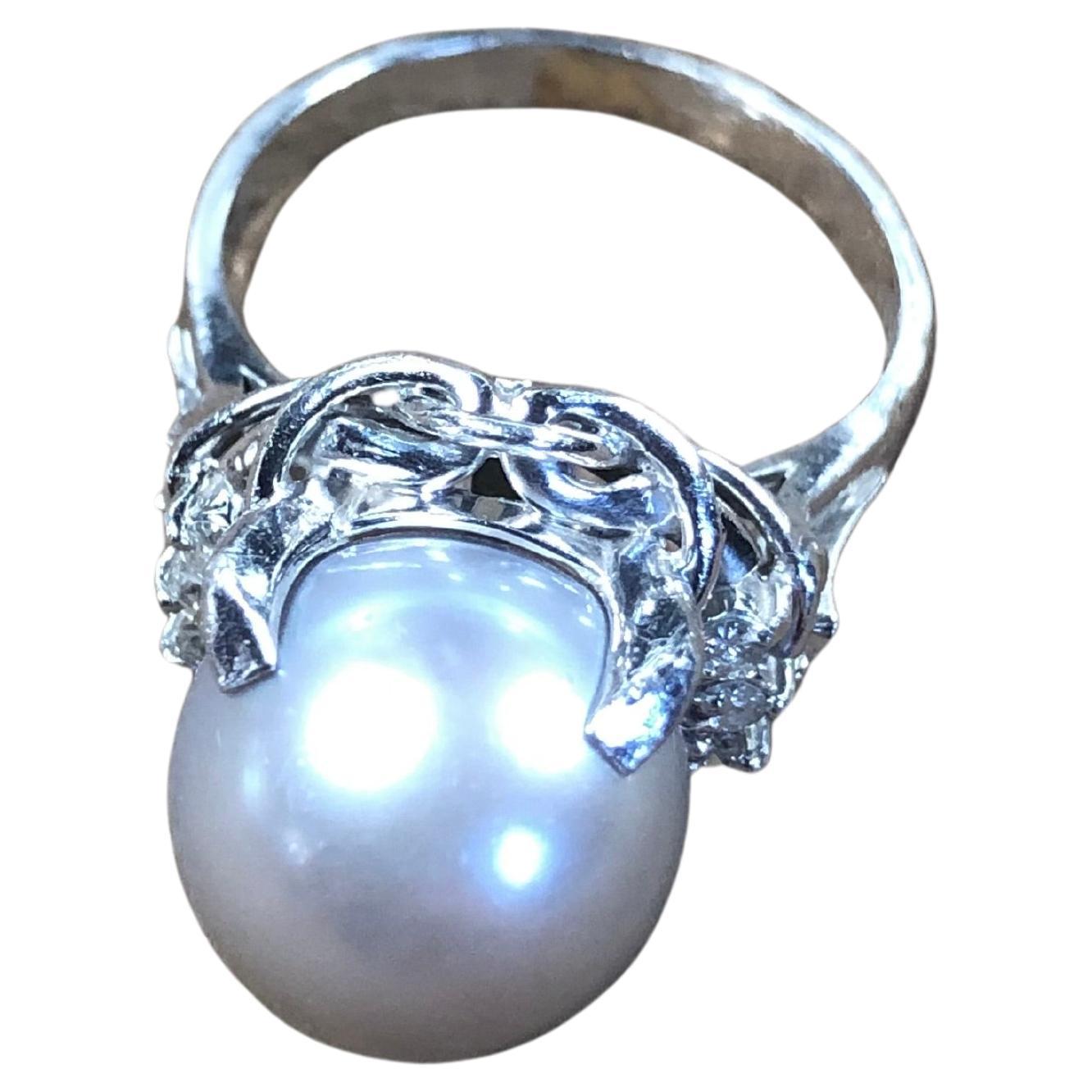 Silberner Grauer Tahiti-Perlen-Diamant-Platin-Ring Damen im Angebot