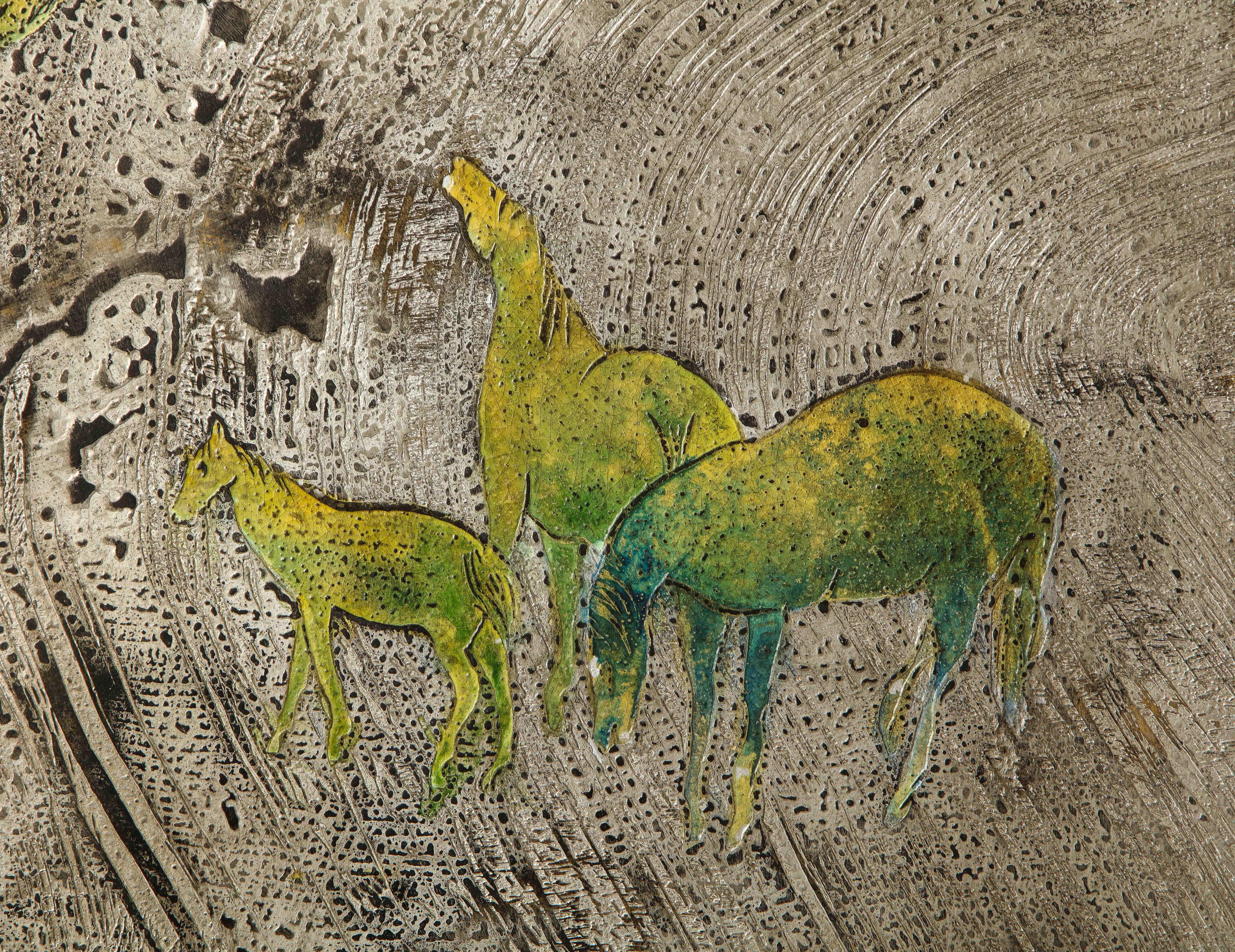Etched Silver-Ground Iridescent Green Horse Wall Panel, by Philip and Kelvin LaVerne For Sale